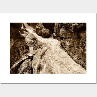 An Alpine Waterfall in Sepia Tone Posters and Art